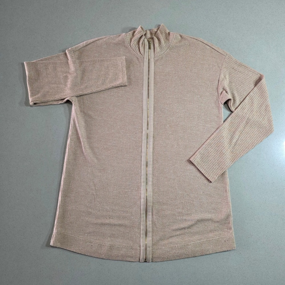Soft Surroundings Ribbed Knit Full Zip Mock Neck Cardigan Tan XS Peru